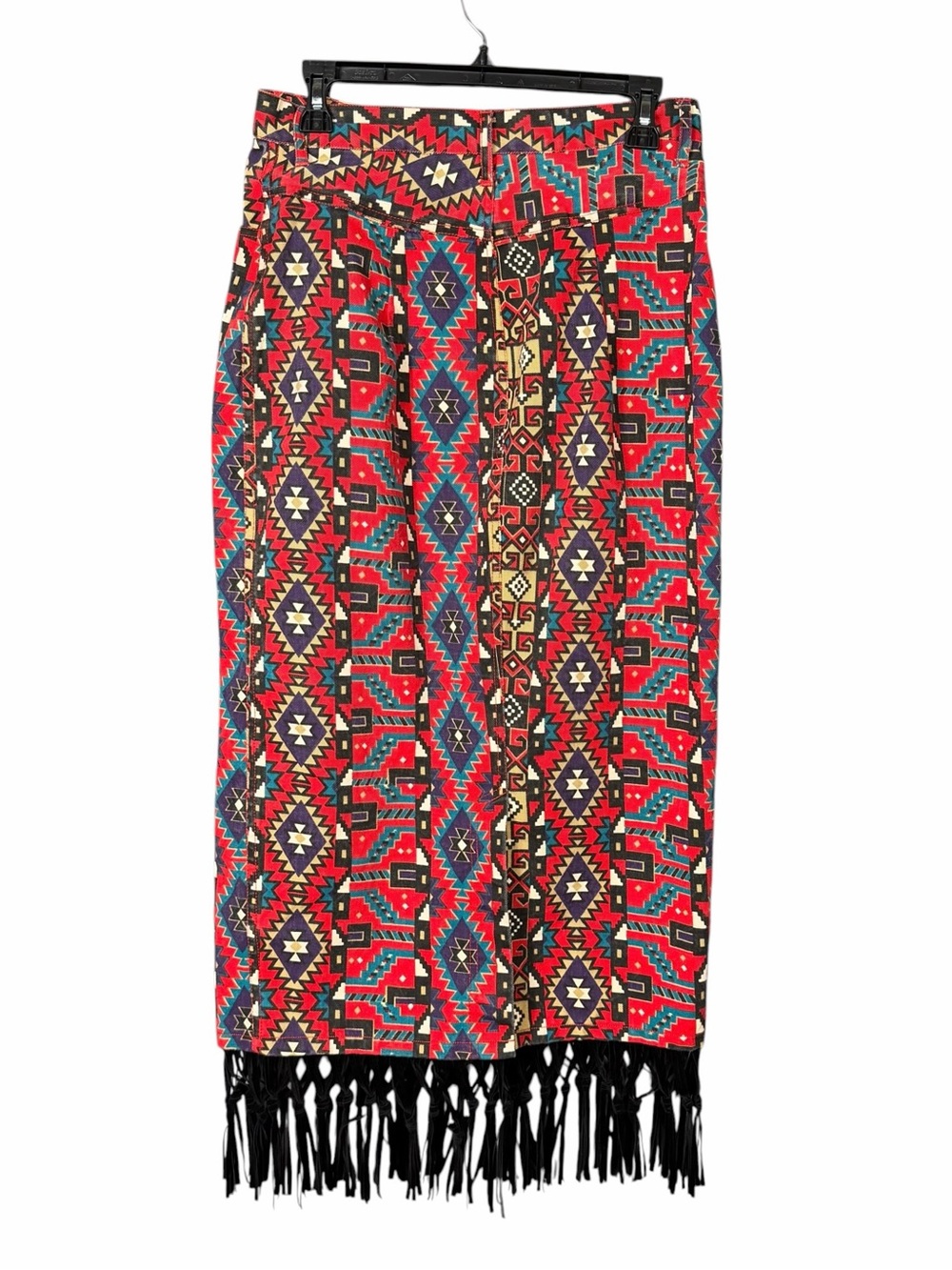 Vintage 90s Adobe Rose Skirt Sz 9/10 Red Southwestern Aztec Denim Pencil Fringe - Picture 3 of 7